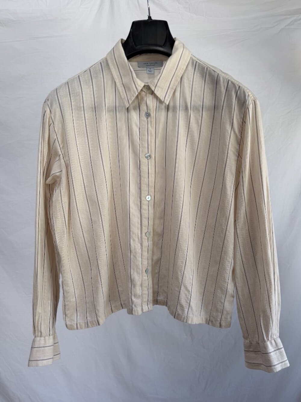 ANN TAYLOR Weekend Button Down Shirt Cream, White & Black Vertical Stripe Size M